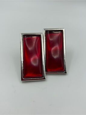 Vintage Yves Saint Laurent YSL Silver Tone Rectangle Red Lucite Pierced Earrings